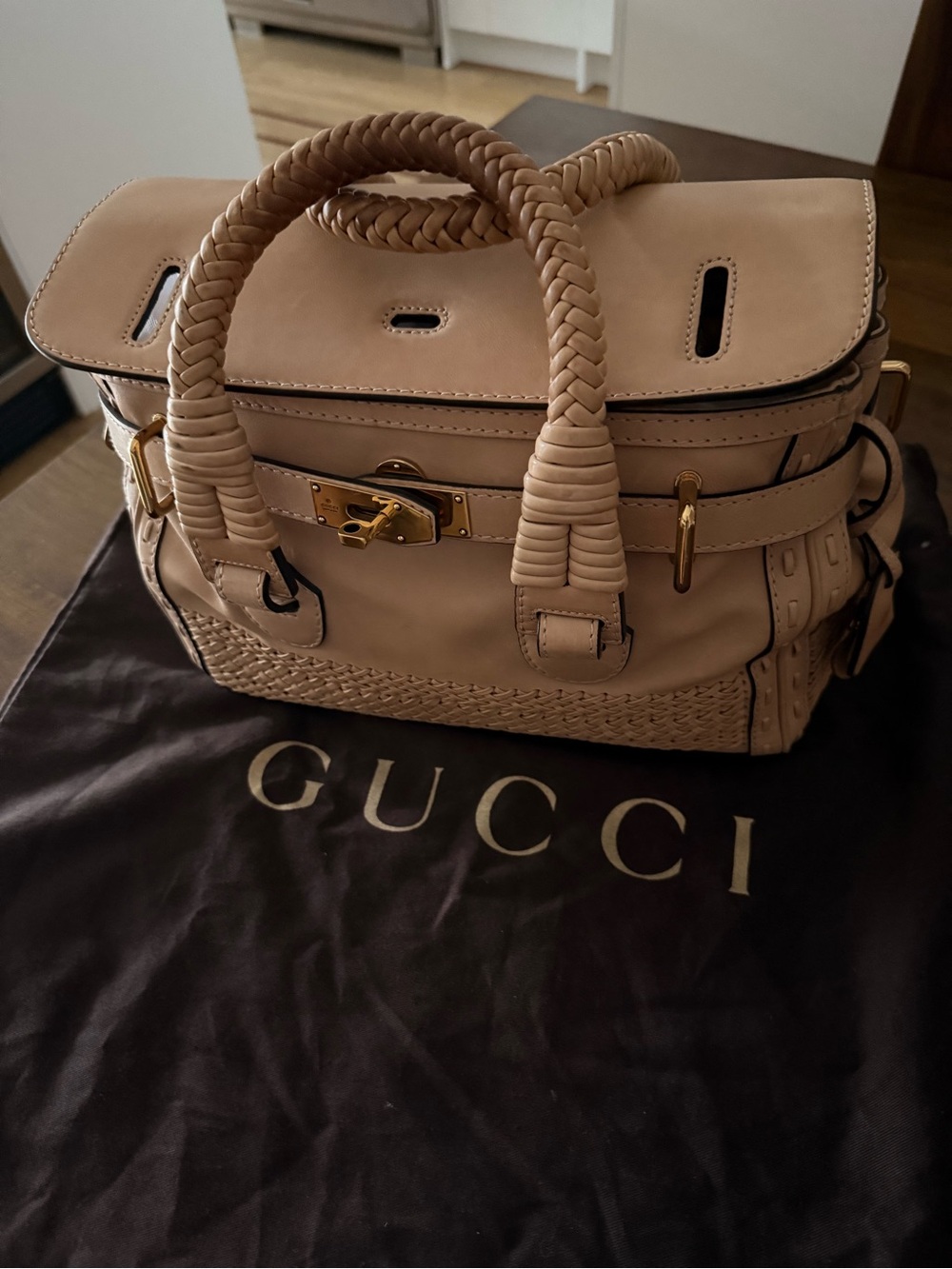 Gucci Beige Braided-Handle Satchel with Gold Hardware